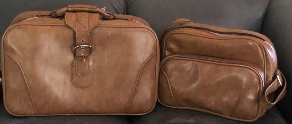 Vintage 2 Piece Airway Brown Faux Leather Carry On & Small Suitcase Luggage Set - Image 2 of 4