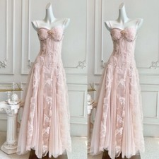 Light Pink Tulle Wedding Dress with 3D Butterfly Lace Strapless Bridal Gowns