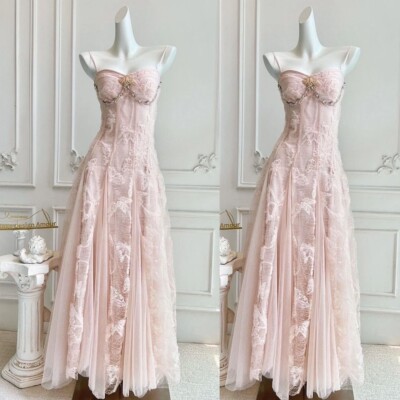 Light Pink Tulle Wedding Dress with 3D Butterfly Lace Strapless Bridal  Gowns | eBay