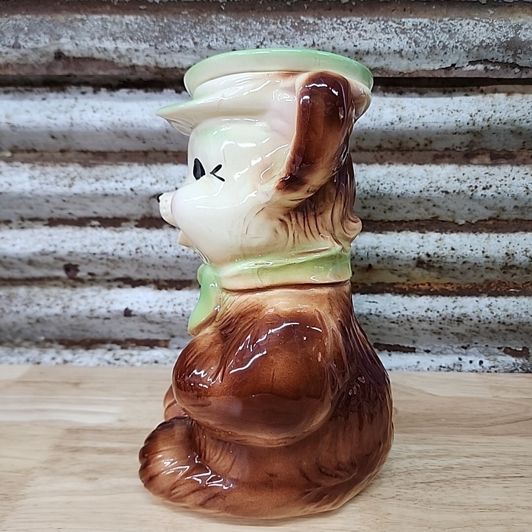 Vintage Cookie Jar American Bisque Brown Teddy Bear Green Hat USA