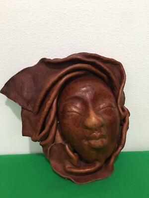 Vintage AFRICAN TRIBAL Hand Made Brown Leather Face Wall Decor AFRICA MASK