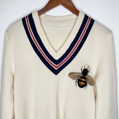Gucci Cream Sweater Bee Applique V Neck 