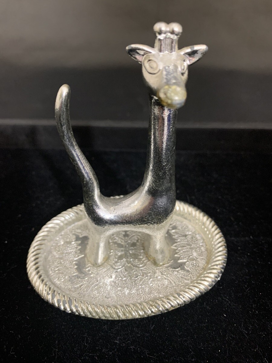 VINTAGE SILVER PLATED FIGURAL GIRAFFE RING HOLDER JEWELRY TRINKET TRAY  1/2 In