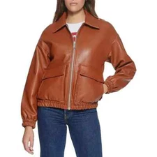 Women's Brown Leather Bomber Jacket Zip-Up Casual Oversized Vintage Style Coat