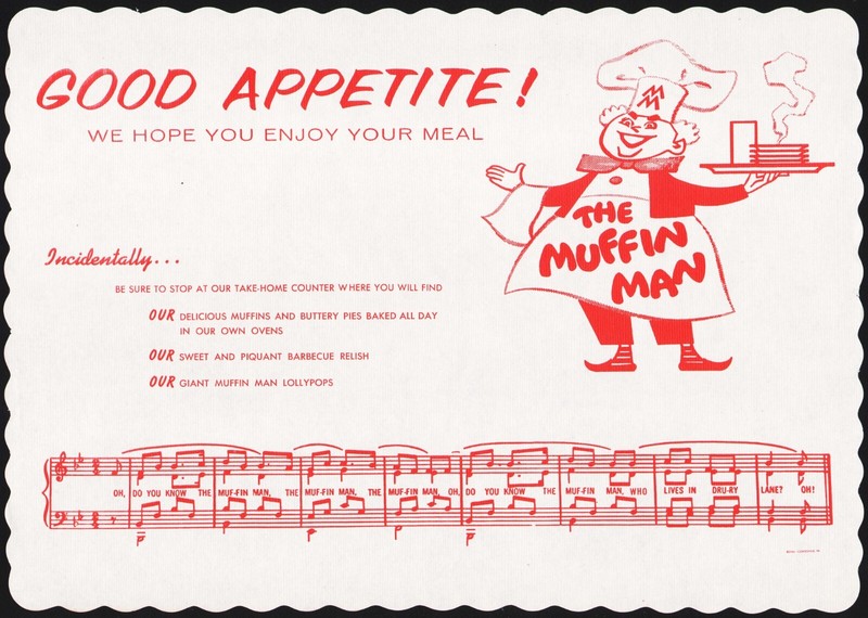 Vintage placemat THE MUFFIN MAN Good Appetite cartoon chef with song n-mint