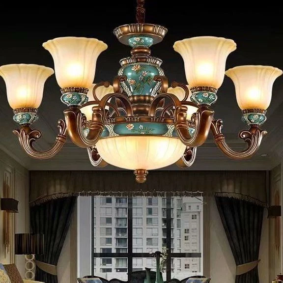 Villa Living Room Chandelier Luxury Resin Pendant Lamp Retro Glass Ceiling Light - Image 4 of 4