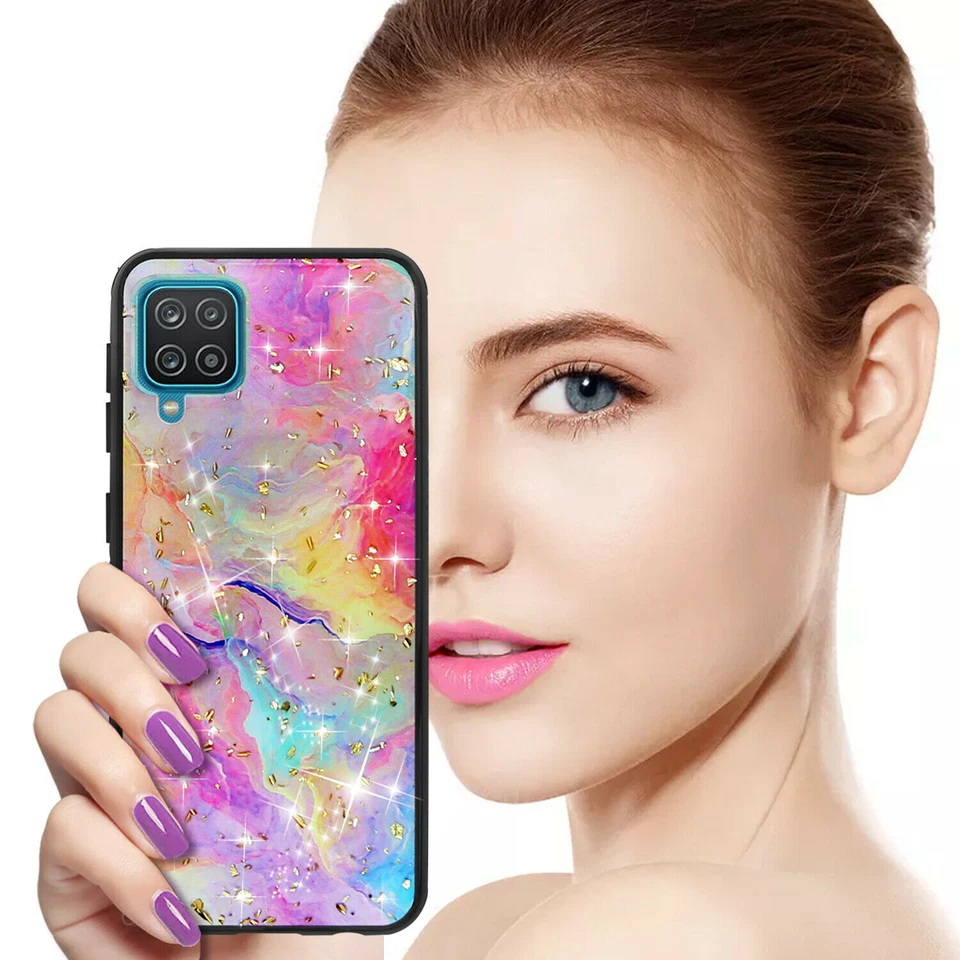 For Galaxy A12/A32/A51/A52 Phone Case Rainbow Glitter TPU Cover +Tempered Glass - Image 3 of 4
