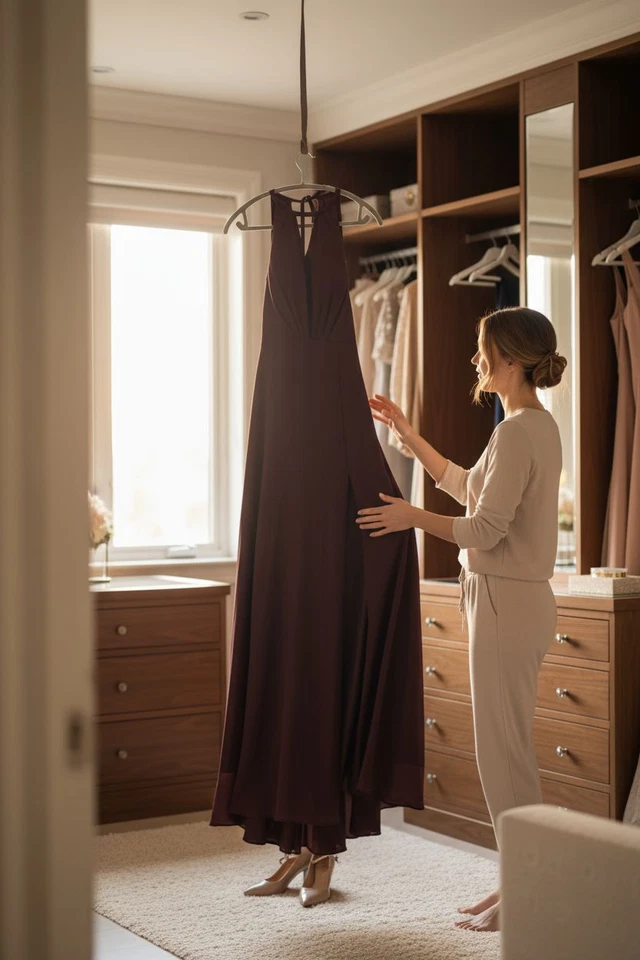 NEW Elegant Brown  Gown – Size 6, Keyhole Neckline, High Slit, Sheer Overlay - Image 4 of 4