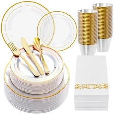 350 Count Clear Dinnerware Set for 50 Guests- Clear Plastic Plates with Gold ...