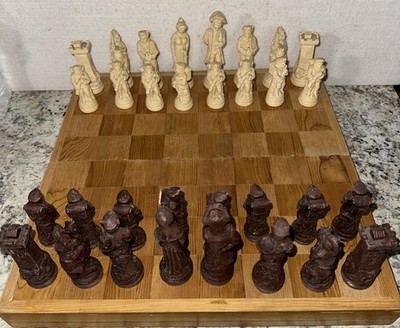 Vintage Rare Stone Napoleon Bonaparte Chess Set Complete 4.5  King W/Wooden Case