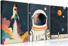 3Pcs Astronaut Wall art Nursery Space Adventure Posters Prints Rocketship Wal...