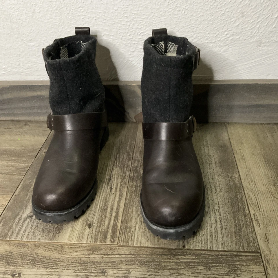 Woolrich Baltimore Mujer Talla 8.5 Cuero Negro Marrón Lana Arnés Moto Botas Foto 2 de 4
