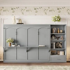 Queen Size Murphy Bed with Height Adjustable Storage Compartments and Drawer 