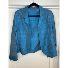 Chico's Blue 100 Silk Sequin Embroidered Open Front Jacket Size 2 Large