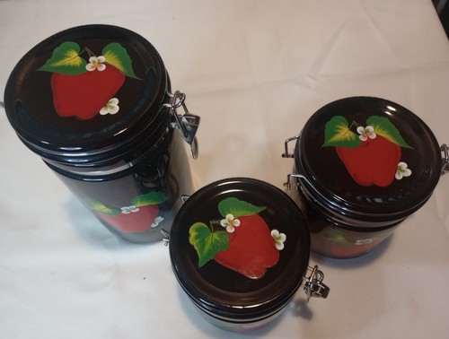 Black Ceramic Lock Lid Cannister Set 3 Hand Painted Apple. 9.25" 6.5", 5.5" - Picture 9 of 9
