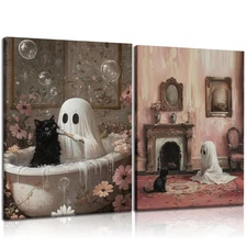 2 Pcs Framed Vintage Bathroom Ghost And Cat Canvas Wall Art Gothic Dark Colle...