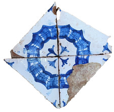 4 Maioliche Antiche Fine 800 Blu Cobalto Dipinte a Mano Piastrelle Decorate