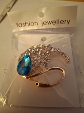 Rhinestone Abstract Swan Brooch Pin Clear Turquois Rose Gold Toned Metal