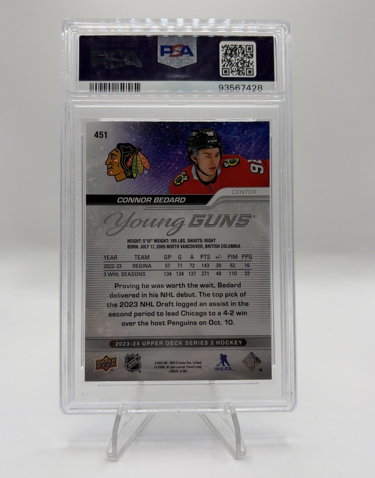 2023-24 Upper Deck Series 2 Young Guns Connor Bedard #451 (RC) PSA 10 🔥🔥 view 2