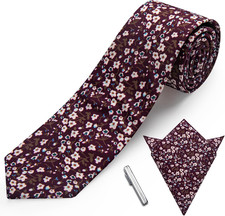 Cotton Floral Tie for Men 2.5" Printed Skinny Necktie Pocket Square
