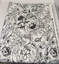 1.5 Yards 100 Cotton Flannel Fabric White and Black Owls Floral Leaves