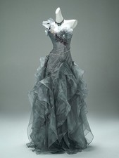 Gray One Shoulder 3D Floral Beaded Ruffle Tulle Mermaid Formal Evening Gown
