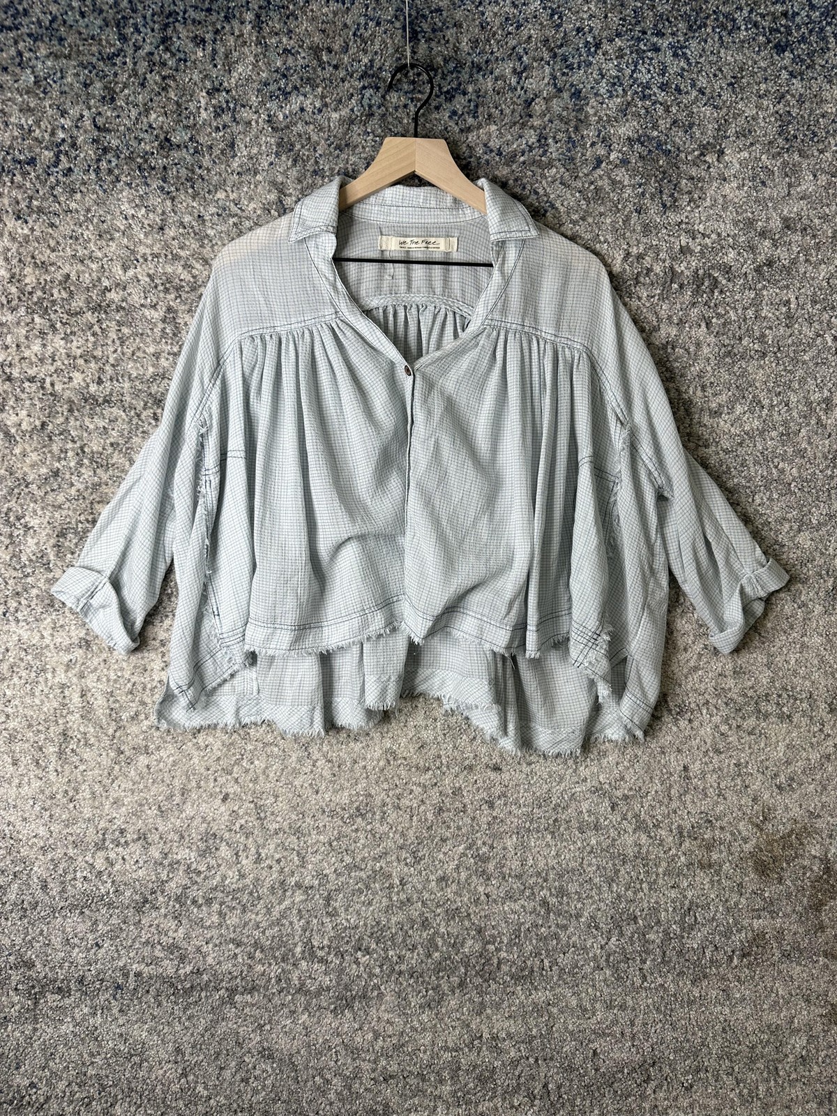 We The Free Shirt Womens Small Light Blue Oversized Gauze Plaid Boho Top