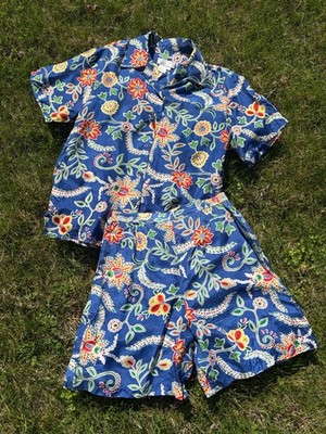 VTG 90 s EL LA Silk 2 Piece Shorts Shirt Womens Small Resort Wear Retro Blue