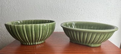 Vintage Hagear Planters 2-Green Ribbed Ceramic Planters #3938-A & #020 USA Made