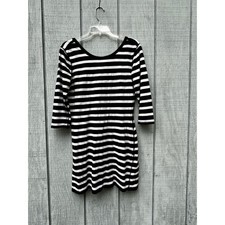 Express Black White Striped Knit Mini Dress Scoop Neck 3/4 Sleeve Cute Casual