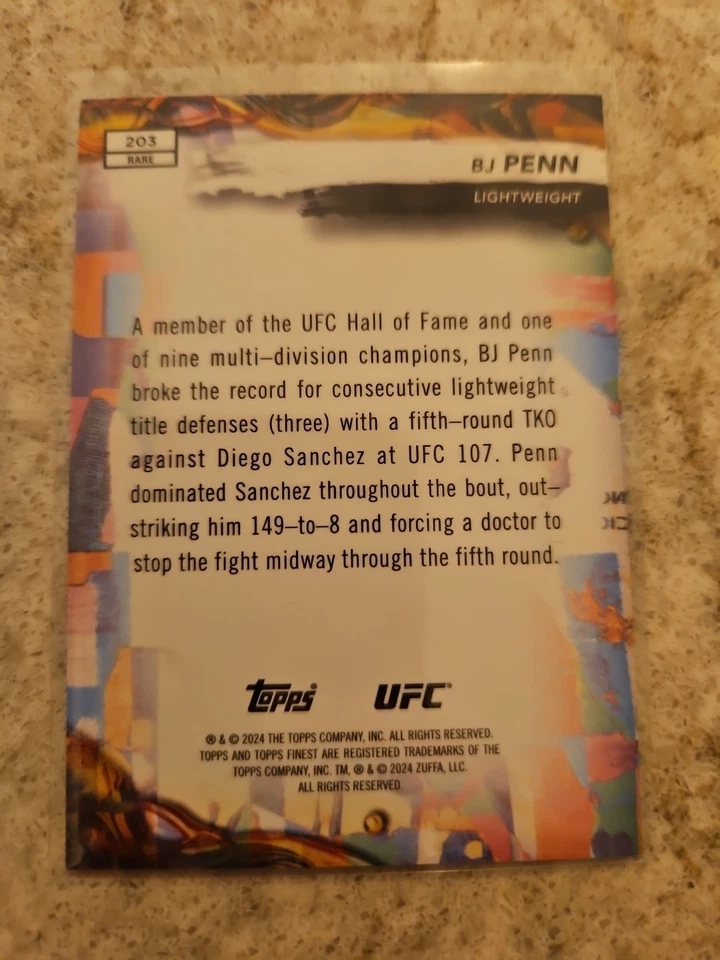 08/10 BJ Penn Topps UFC Finest Refractor 2024 SSP Clean #203 Rare - Image 4 of 4