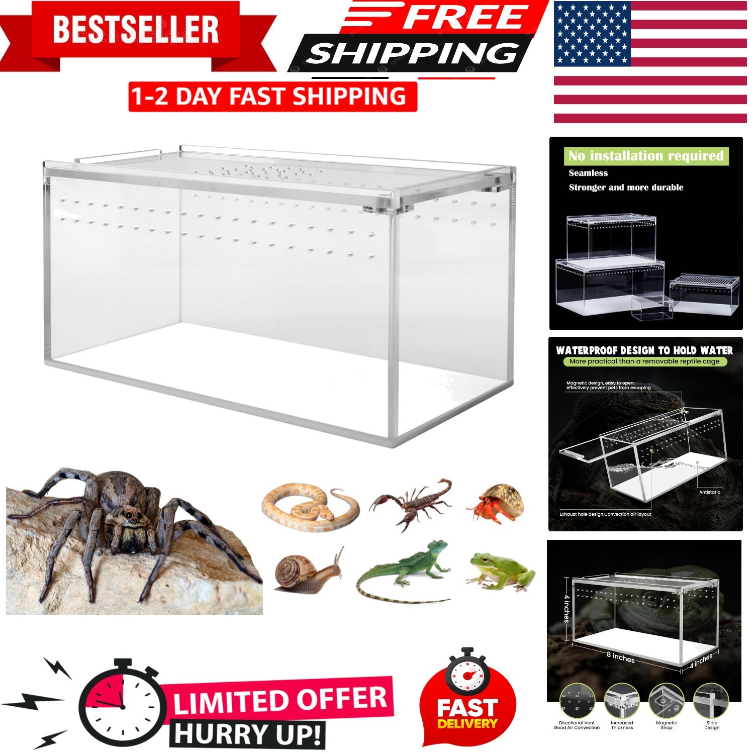 Small Acrylic Tarantula Enclosure Terrarium with Magnetic Button,8 * 4 * 4inc...
