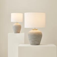 Reid Grey Ribbed Ceramic Table Lamp Linen Drum Lampshade Lounge Bedroom Light