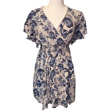 Blue Floral Smocked Ruffle Sun Mini Dress Cover Up Sundress Angie SMALL