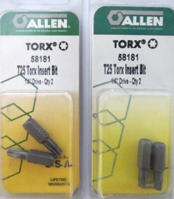 Allen 58181 2 PK T25 Torx Insert Bits 1/4'' Drive 2 Packs USA