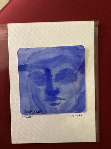 4x4” Original Pamela Wilhelm Watercolor mounted to 5x7” BLUE SOFT FOCUS PORTRAIT - Picture 4 of 4