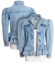 Womens Puff Sleeve Denim Jacket Peplum Jackets Stonewash Blue Size 14 12 10 8 16