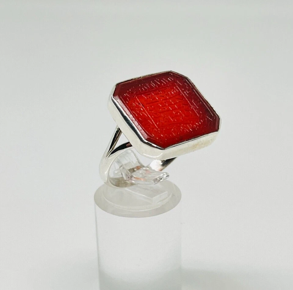 Fabulous Islamic Script Inscribed Red Agate Ring 925 Silver Size V1/2~W #18247 - Image 3 of 4