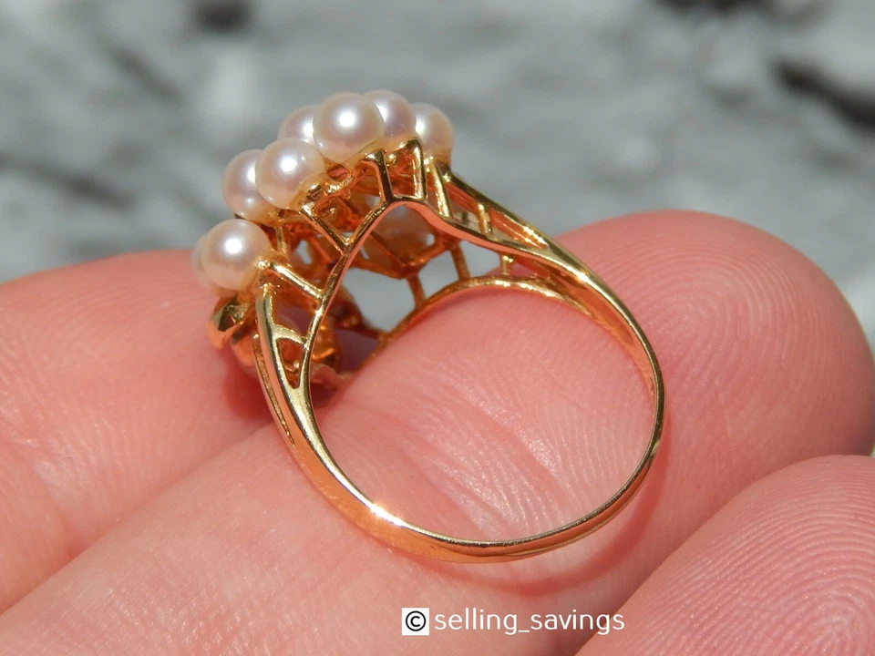 18K YELLOW GOLD PEARL EMERALD RUBY DIAMOND 8/10 INCH WIDE CLUSTER RING SIZE 6.5 - Image 2 of 4