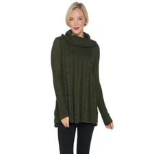 Denim & Co. Regular Cable Knit Cowl-Neck Tunic Sweater, True Olive [ XXS ]