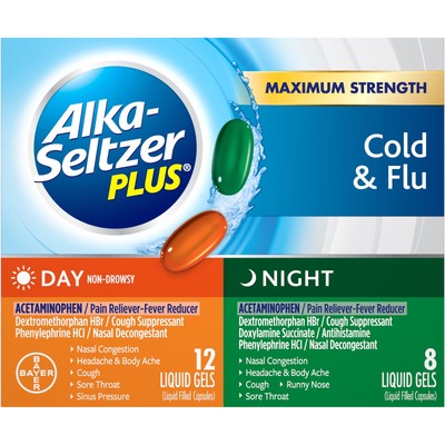 Alka-Seltzer Plus Maximum Strength Cold & Flu, Day + Night, Liquid Gels, 20 Ct