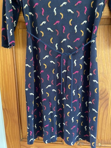 Hobbs Ladies Size 12 Dress, Navy Blue Fox Print, 3/4 Sleeves, Tie Belt, Good - Picture 5 of 9