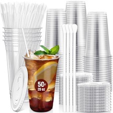 50 Set 20 oz Clear Plastic Cups with Spoon Straws and Flat Lids Disposable Ic...