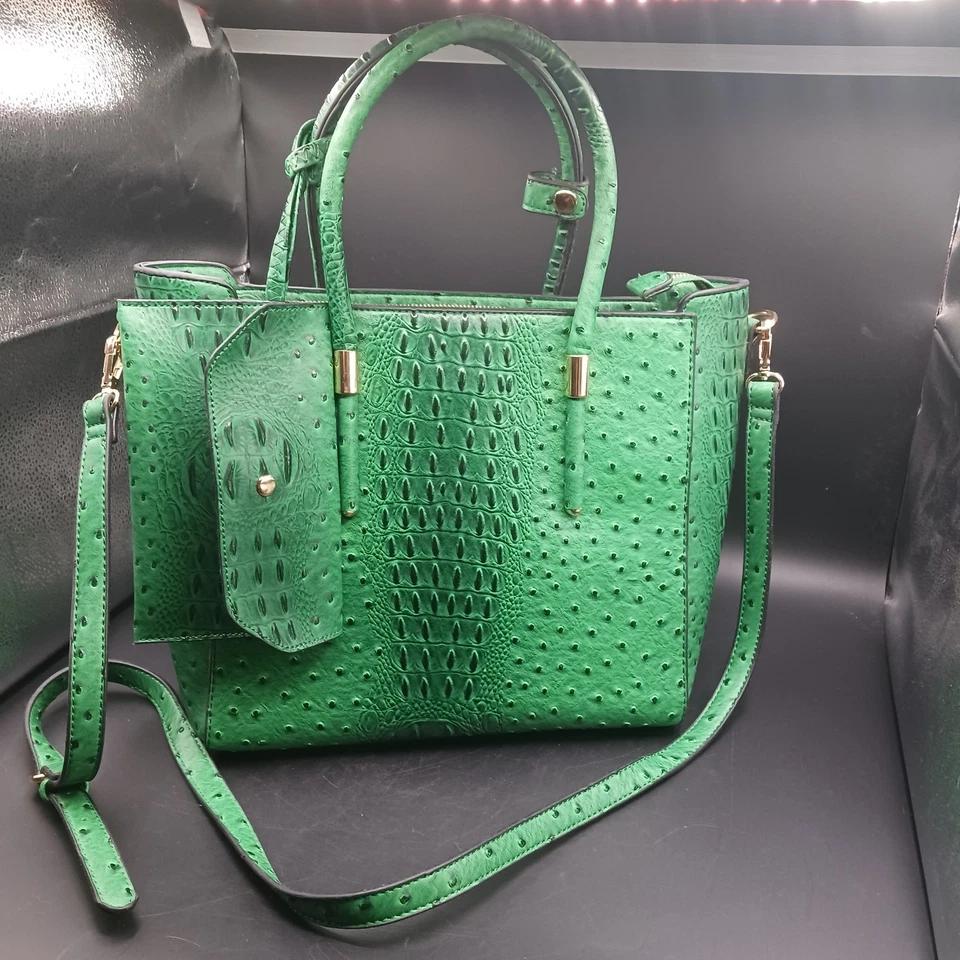 Cartera Imitación Cocodrilo Cuero VEGANO Verde Doble Asa y Correa para el Hombro y Bolsa