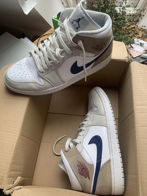 NIKE JORDAN 1 MID EU45 Weiß Beige grau blau Navy swoosh Wildleder