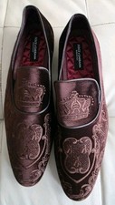 DOLCE & GABBANA Shoes Loafers Brown Velvet Gold Crown Mens EU Size 45 US 12
