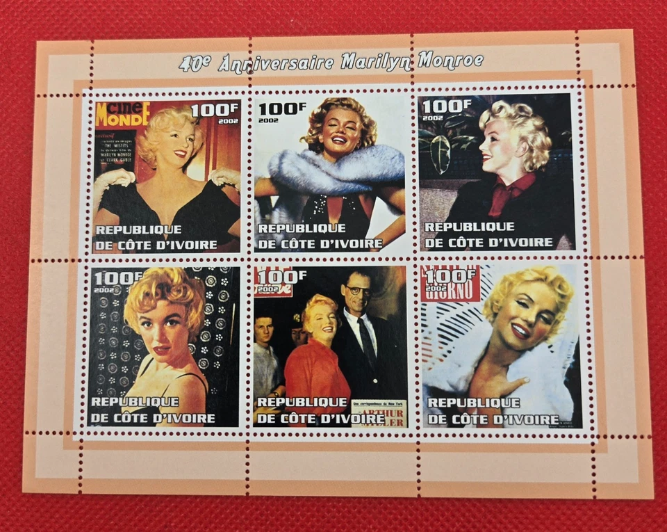 Marilyn Monroe Stamps Actress 2002 Ivory Coast 3 Stamp Sheets 24 Stamps Total - Image 4 of 4