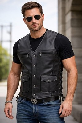 Men s Black Leather Motorcycle Vest Classic V-Neck Biker Rider Club Style