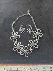 Silver Tone Open Flower Statement Necklace And Pierced Earrings Set
