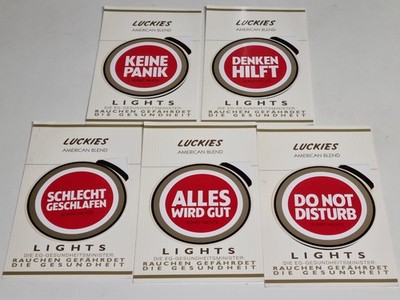 5 Aufkleber/Sticker:  Luckies  light, Lucky strike - keine PANIK, Denken HILFT